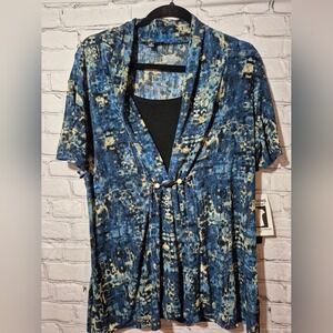 NWT Transitions Two Piece Look Top Abstract Print Button Detail Blue Size L 018